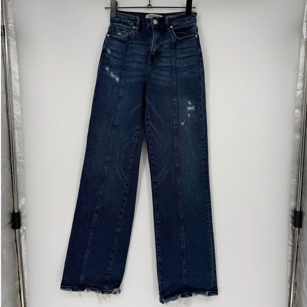 Rockin' G High Rise Wide Leg Distressed Jeans Dark‎ Wash Seam Detail 25